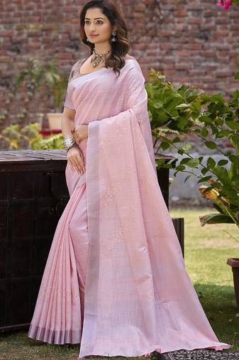 Sangam prints pink linen woven work traditional saree