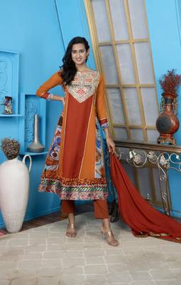 Brown embroidered georgette stitched anarkali trouser kurta dupatta readymade suits 1