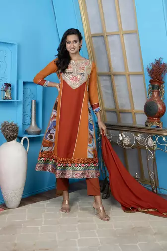 Brown embroidered georgette stitched anarkali trouser kurta dupatta readymade suits