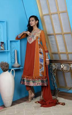 Brown embroidered georgette stitched anarkali trouser kurta dupatta readymade suits 2