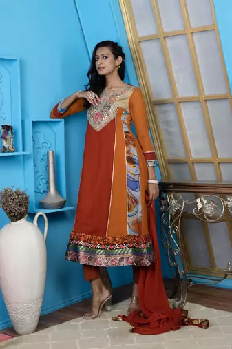 Brown embroidered georgette stitched anarkali trouser kurta dupatta readymade suits