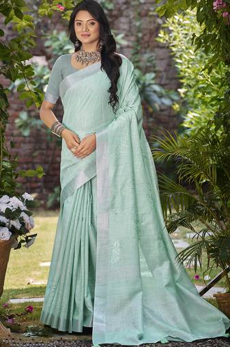 Sangam prints sea green linen woven work traditional saree