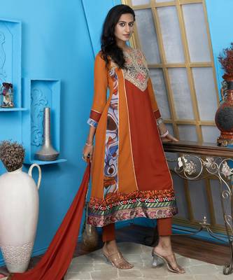 Brown embroidered georgette stitched anarkali trouser kurta dupatta readymade suits 3