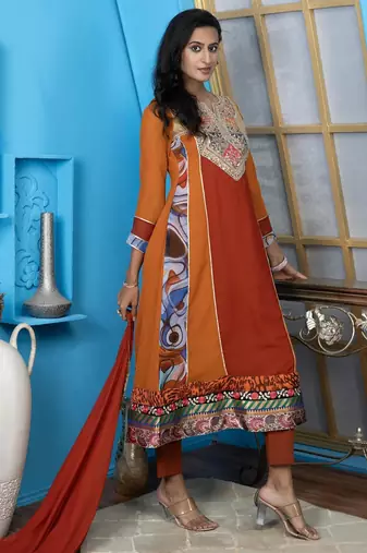 Brown embroidered georgette stitched anarkali trouser kurta dupatta readymade suits