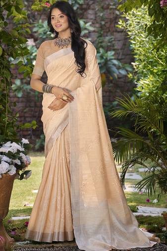 Sangam prints peach linen woven work traditional saree