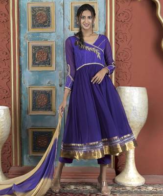 Purple embroidered georgette stitched a line trouser kurta dupatta readymade suits 1