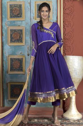 Purple embroidered georgette stitched a line trouser kurta dupatta readymade suits