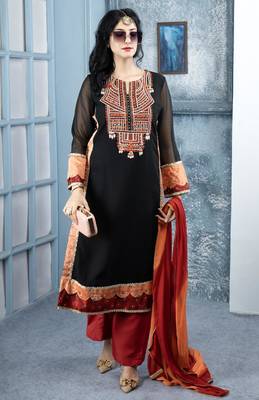 Black embroidered georgette stitched straight cut trouser kurta dupatta readymade suits 1