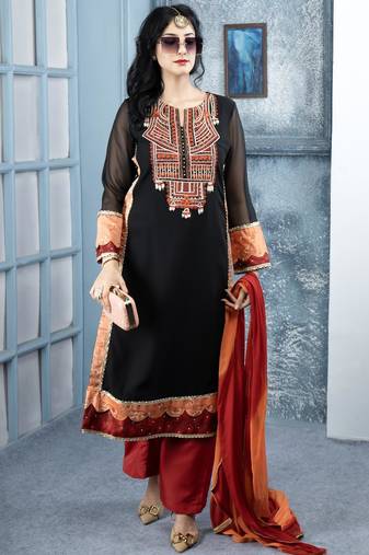 Black embroidered georgette stitched straight cut trouser kurta dupatta readymade suits