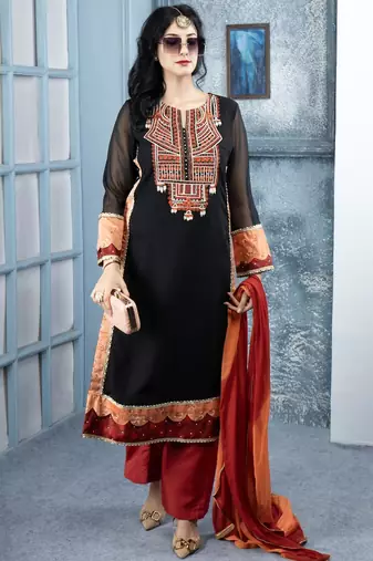 Black embroidered georgette stitched straight cut trouser kurta dupatta readymade suits