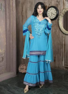 Blue embroidered georgette stitched straight cut trouser kurta dupatta readymade suits 1