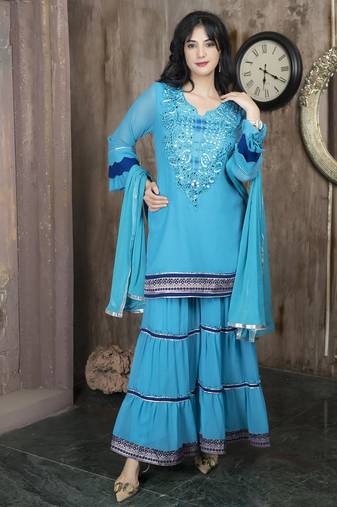 Blue embroidered georgette stitched straight cut trouser kurta dupatta readymade suits