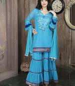 Blue embroidered georgette stitched straight cut trouser kurta dupatta readymade suits