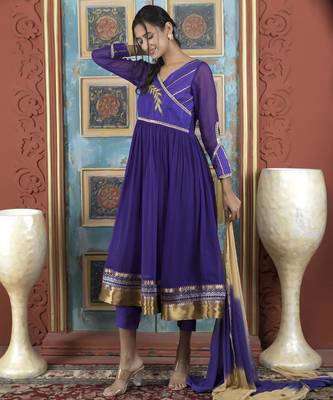 Purple embroidered georgette stitched a line trouser kurta dupatta readymade suits 2