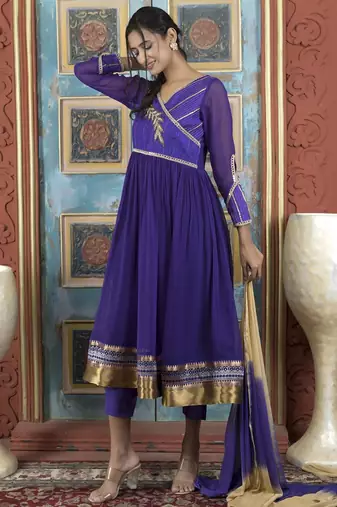 Purple embroidered georgette stitched a line trouser kurta dupatta readymade suits