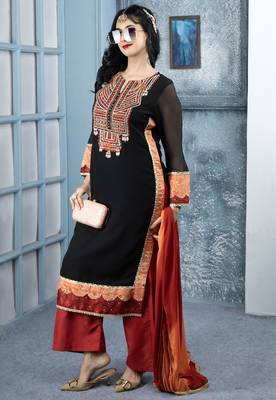 Black embroidered georgette stitched straight cut trouser kurta dupatta readymade suits 2