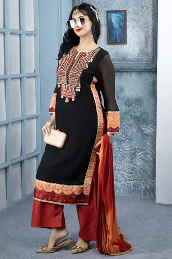Black embroidered georgette stitched straight cut trouser kurta dupatta readymade suits
