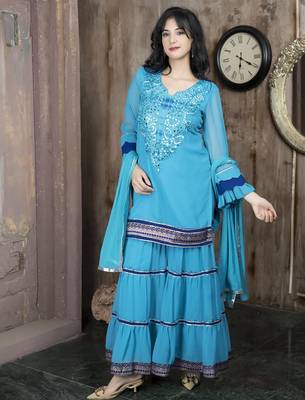 Blue embroidered georgette stitched straight cut trouser kurta dupatta readymade suits 2
