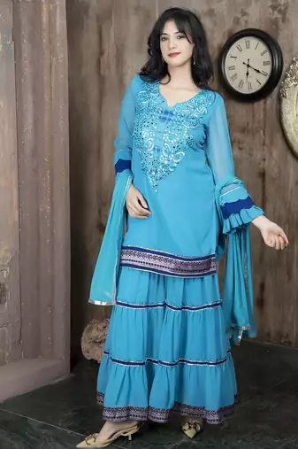 Blue embroidered georgette stitched straight cut trouser kurta dupatta readymade suits
