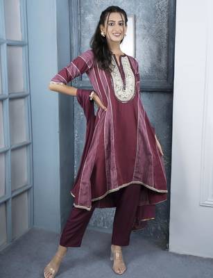 Maroon embroidered silk stitched a line trouser kurta dupatta readymade suits 1