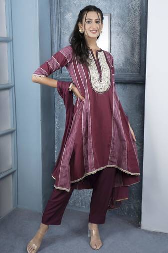 Maroon embroidered silk stitched a line trouser kurta dupatta readymade suits