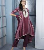 Maroon embroidered silk stitched a line trouser kurta dupatta readymade suits