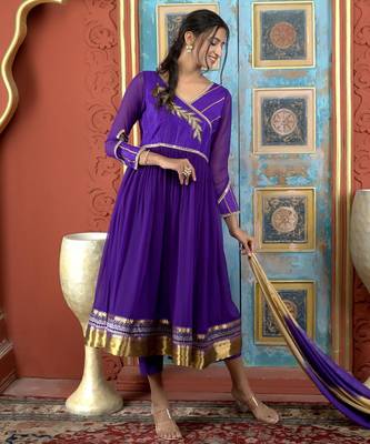 Purple embroidered georgette stitched a line trouser kurta dupatta readymade suits 3