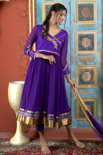 Purple embroidered georgette stitched a line trouser kurta dupatta readymade suits