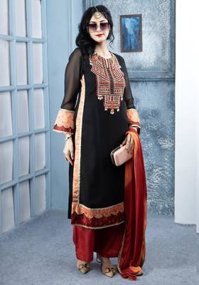 Black embroidered georgette stitched straight cut trouser kurta dupatta readymade suits 3