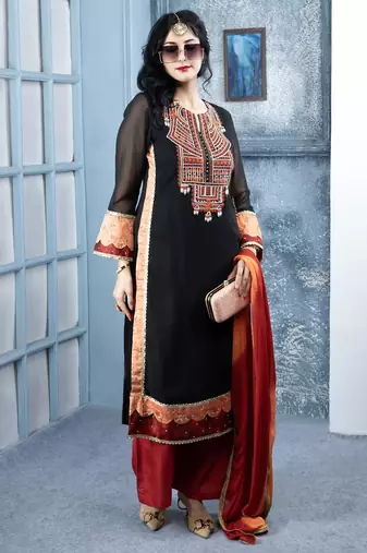 Black embroidered georgette stitched straight cut trouser kurta dupatta readymade suits