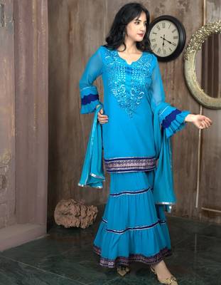 Blue embroidered georgette stitched straight cut trouser kurta dupatta readymade suits 3