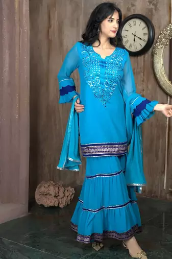 Blue embroidered georgette stitched straight cut trouser kurta dupatta readymade suits