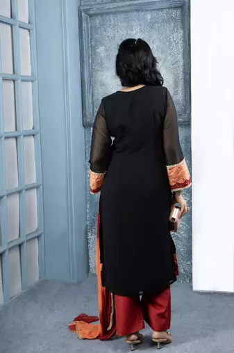 Black embroidered georgette stitched straight cut trouser kurta dupatta readymade suits