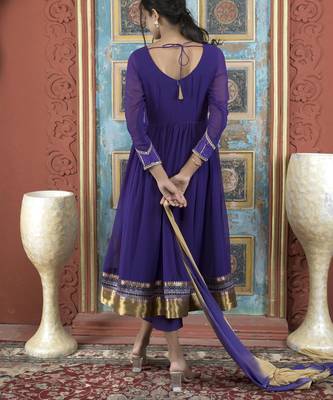 Purple embroidered georgette stitched a line trouser kurta dupatta readymade suits 4