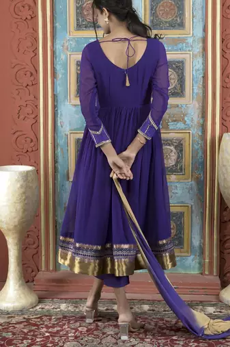 Purple embroidered georgette stitched a line trouser kurta dupatta readymade suits