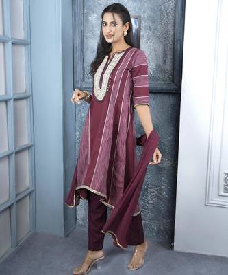 Maroon embroidered silk stitched a line trouser kurta dupatta readymade suits 2