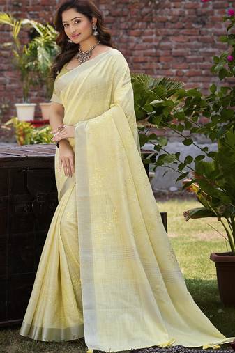 Sangam prints yellow linen woven work traditional saree
