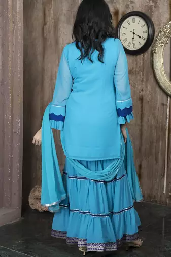 Blue embroidered georgette stitched straight cut trouser kurta dupatta readymade suits
