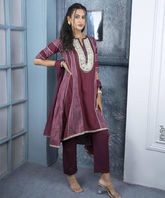 Maroon embroidered silk stitched a line trouser kurta dupatta readymade suits 3