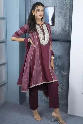 Maroon embroidered silk stitched a line trouser kurta dupatta readymade suits