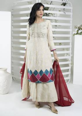 Beige embroidered silk stitched straight cut trouser kurta dupatta readymade suits 1