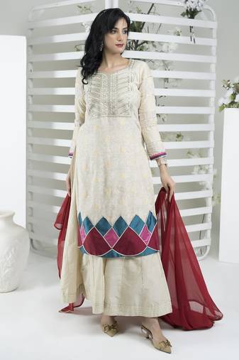 Beige embroidered silk stitched straight cut trouser kurta dupatta readymade suits