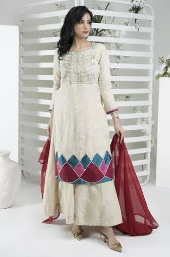 Beige embroidered silk stitched straight cut trouser kurta dupatta readymade suits