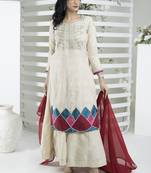 Beige embroidered silk stitched straight cut trouser kurta dupatta readymade suits