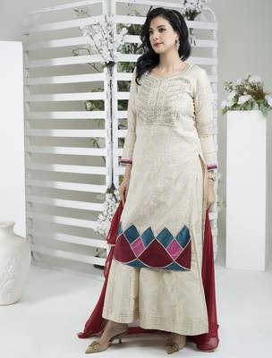 Beige embroidered silk stitched straight cut trouser kurta dupatta readymade suits 2