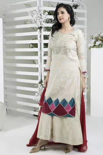 Beige embroidered silk stitched straight cut trouser kurta dupatta readymade suits