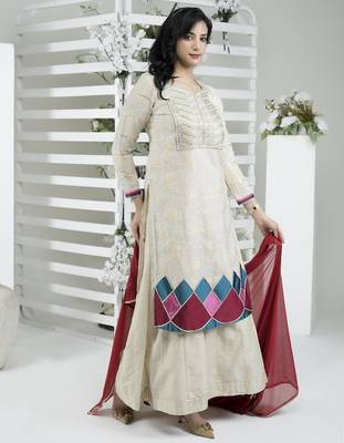 Beige embroidered silk stitched straight cut trouser kurta dupatta readymade suits 3
