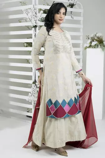 Beige embroidered silk stitched straight cut trouser kurta dupatta readymade suits