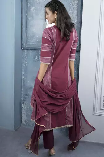 Maroon embroidered silk stitched a line trouser kurta dupatta readymade suits