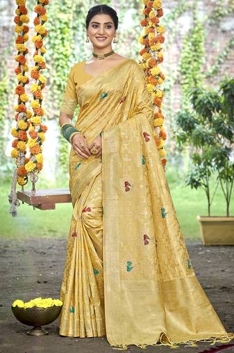 Sangam prints mustard havy assam silk saree with meena woven work traditional saree